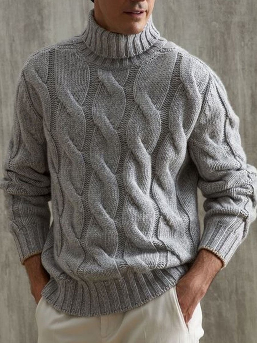 Men DJ Sweater | Versatile Turtleneck Cable Knitted Pullover Sweater Gray