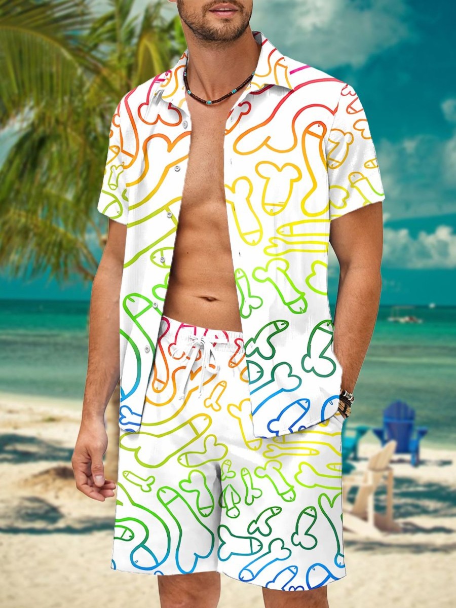 Men HWT Set | Men'S Sets Holiday Funny Rainbow Cock Print Two Piece Sets Multicolor