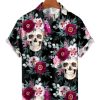 Men HLJ Shirts | Men'S Hawaiian Flower Skull Short Sleeve Shirt Black