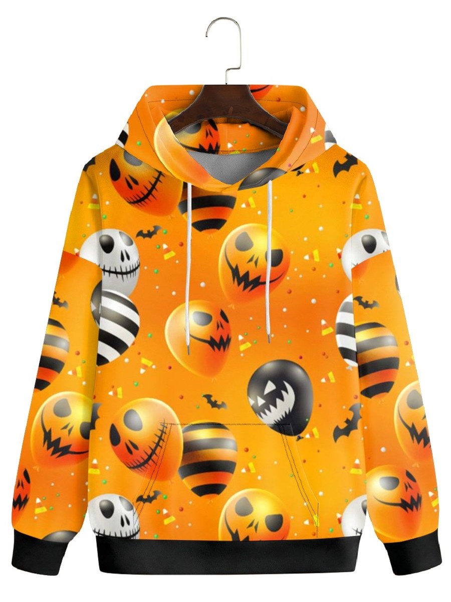 Men GYJ T-Shirts | Men'S Spooky Halloween Demon Print Pocket Hoodie Orange