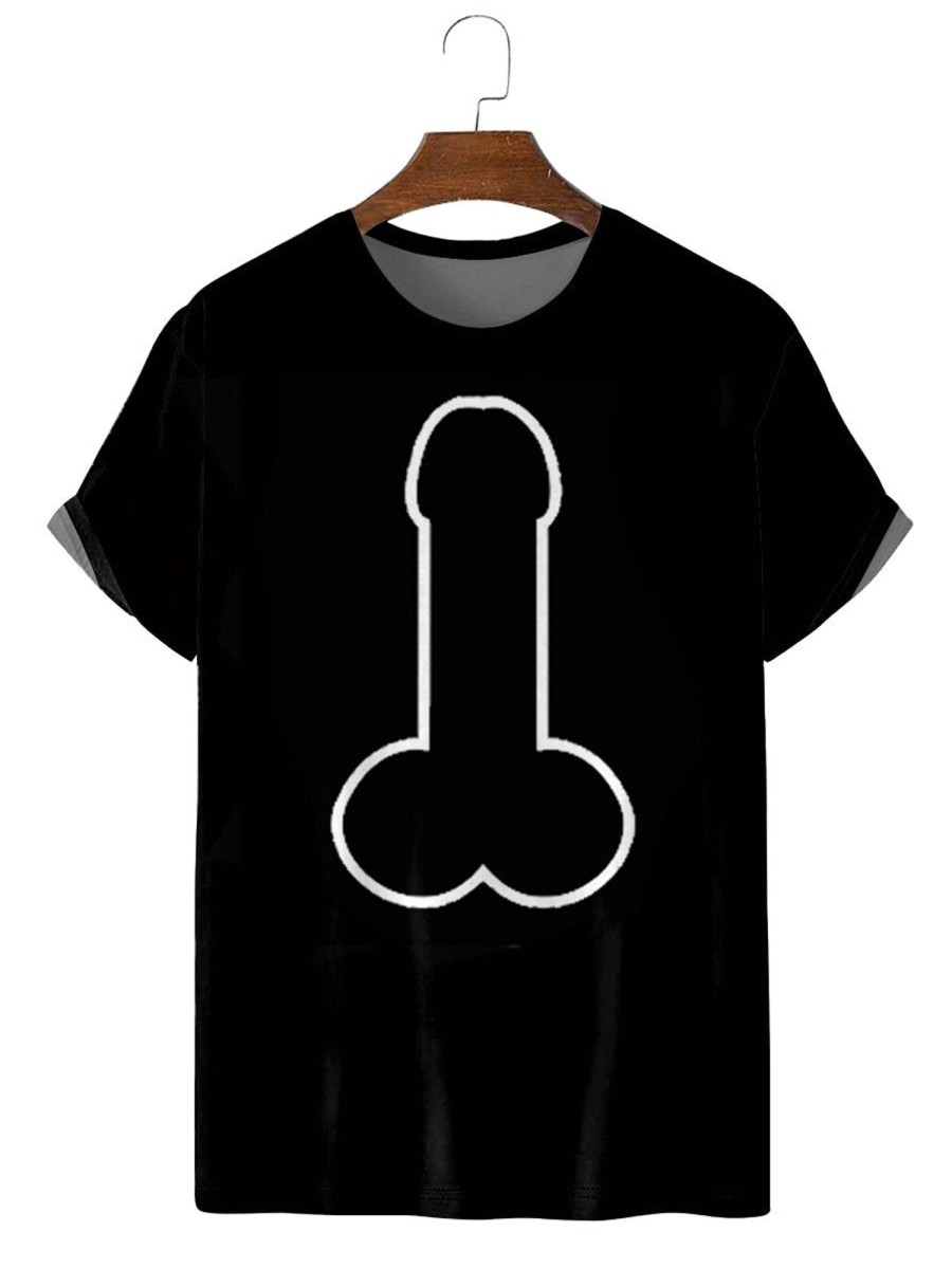 Men DJ T-Shirts | Funny Cartoon Cock Print Round Neck Short Sleeve T-Shirt Black