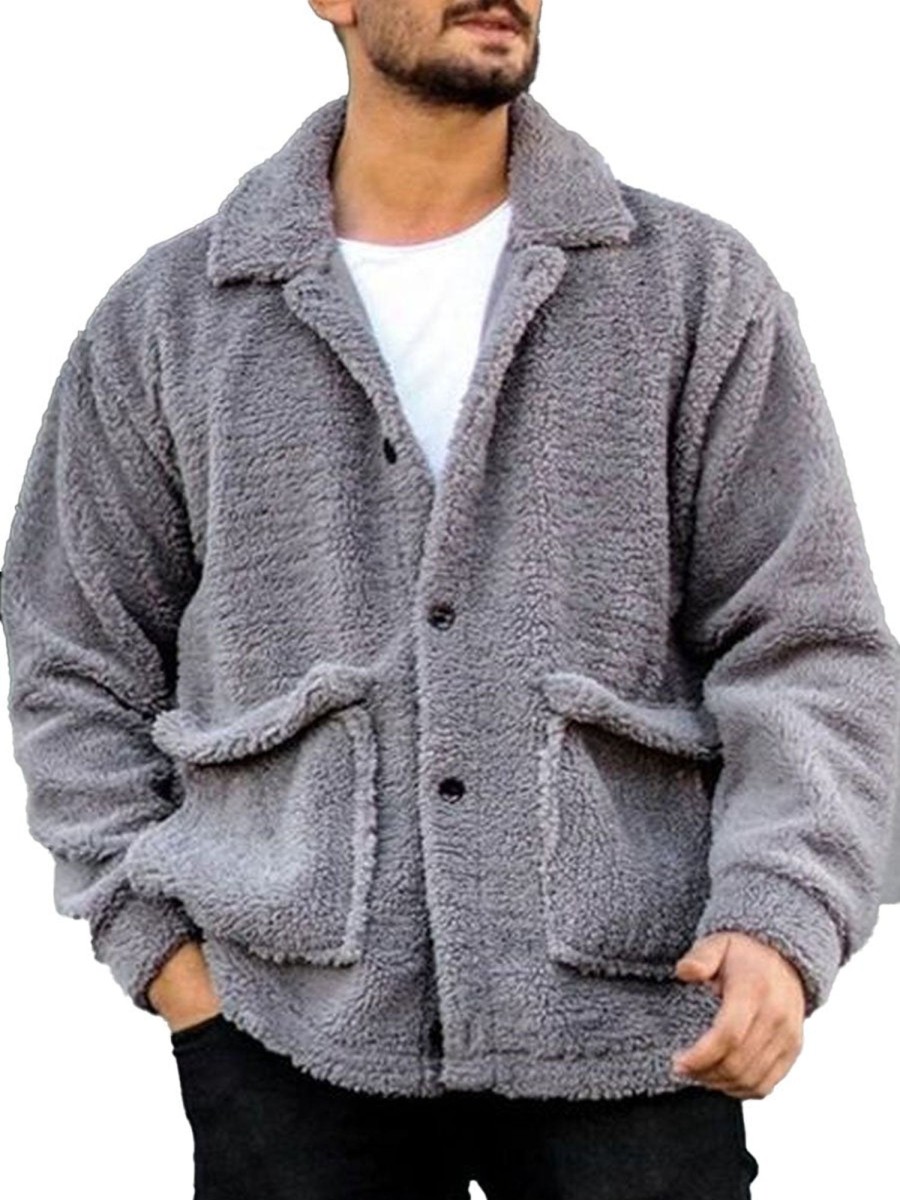 Men DJ Jacket | Lapel Single-Breasted Double-Pocket Casual Sherpa Coat Gray