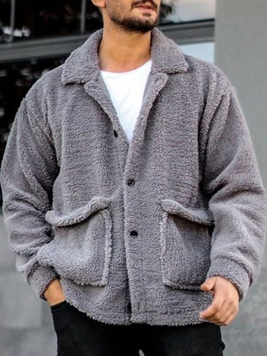 Men DJ Jacket | Lapel Single-Breasted Double-Pocket Casual Sherpa Coat Gray