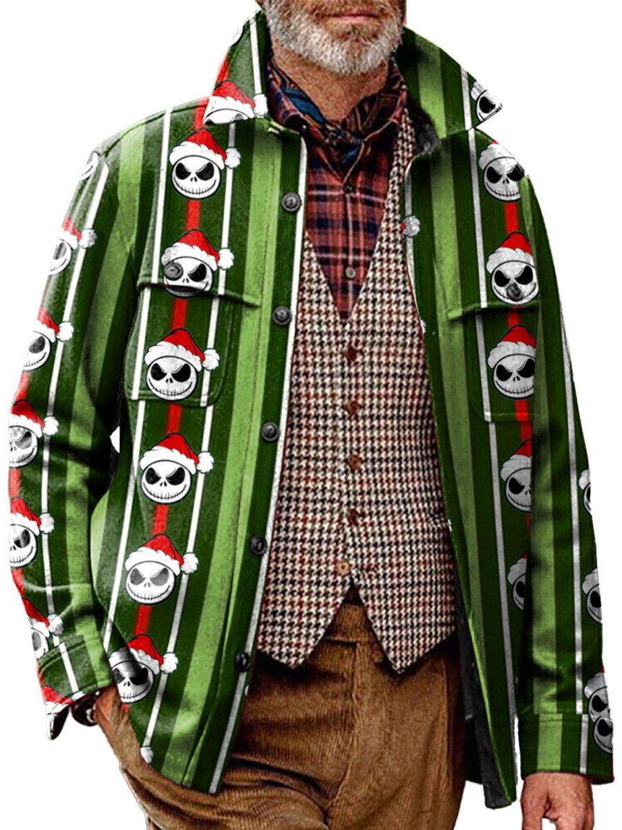 Men BXL Jacket | Men'S Casual Christmas Skull Lapel Pocket Jacket Green