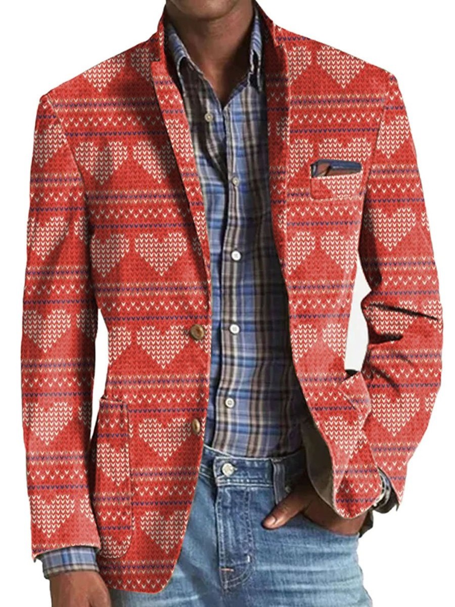 Men DJ Print Jacket | Valentine'S Day Love Print Three-Pocket Lapel Casual Blazer Red