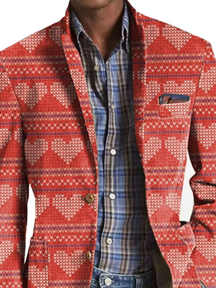 Men DJ Print Jacket | Valentine'S Day Love Print Three-Pocket Lapel Casual Blazer Red