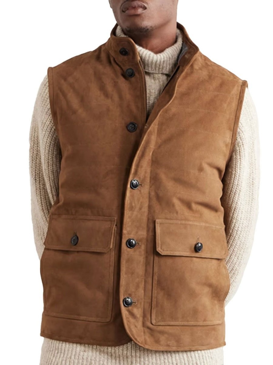 Men BXL Vest | Men'S Vintage Solid Suede Double Pocket Vest Khaki