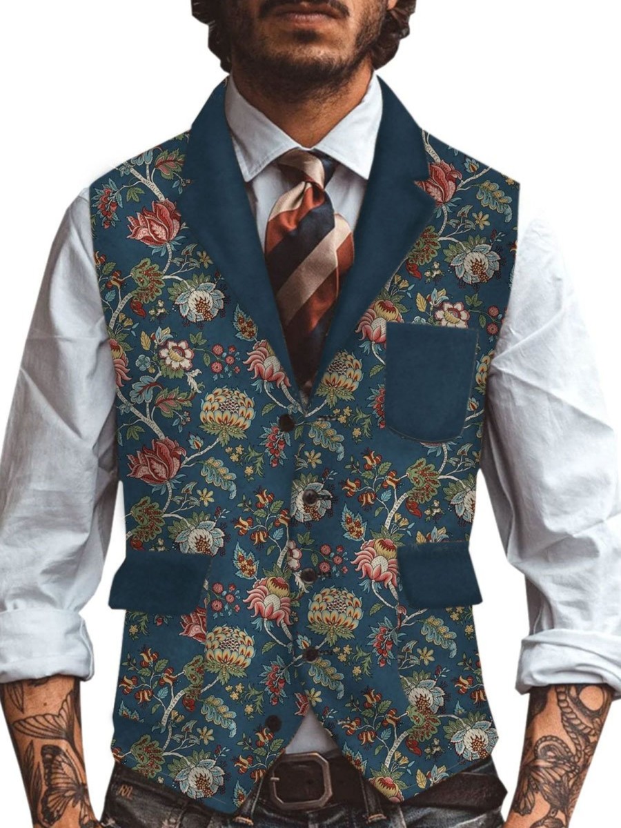 Men DJ Vest | Vintage Floral Print Lapel Three-Pocket Casual Vest Photo Color