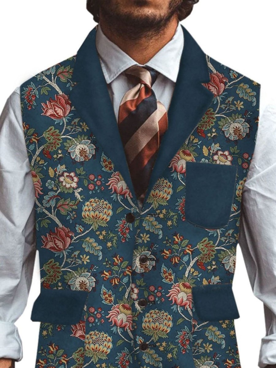 Men DJ Vest | Vintage Floral Print Lapel Three-Pocket Casual Vest Photo Color