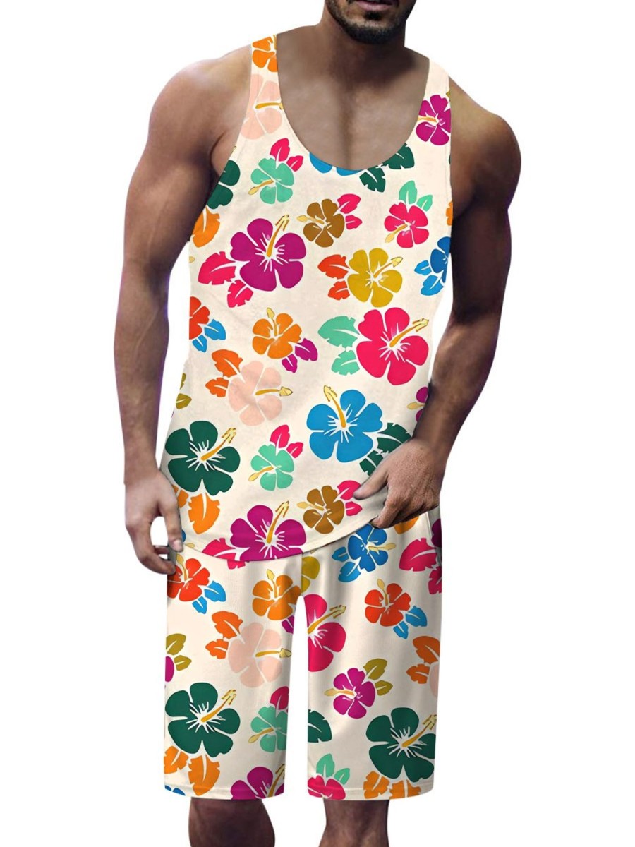 Men DJ Set | Colorful Hawaiian Hibiscus Print Tank Top And Shorts Two-Piece Set Photo Color