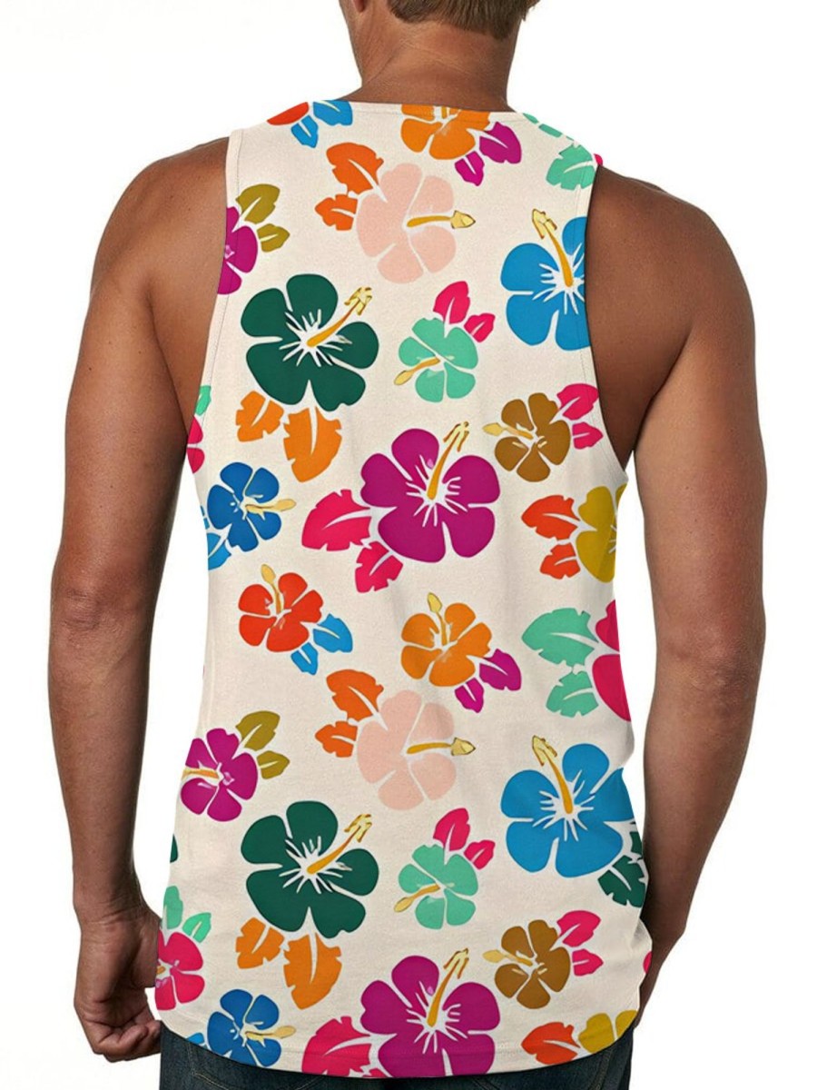 Men DJ Set | Colorful Hawaiian Hibiscus Print Tank Top And Shorts Two-Piece Set Photo Color