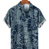 Men HLJ Shirts | Hawaiian Style Hibiscus And Tropical Leaf Short Sleeve Shirt Dark Blue