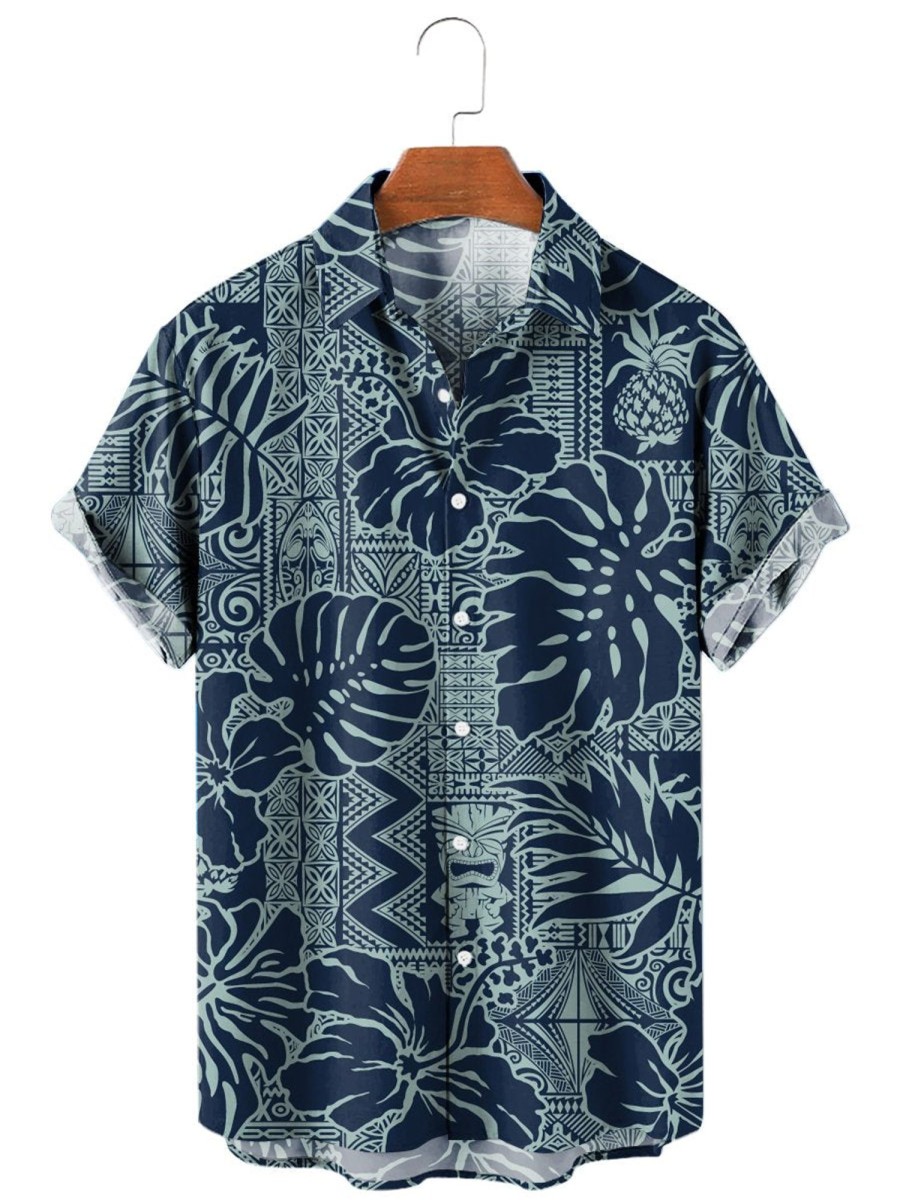 Men HLJ Shirts | Hawaiian Style Hibiscus And Tropical Leaf Short Sleeve Shirt Dark Blue