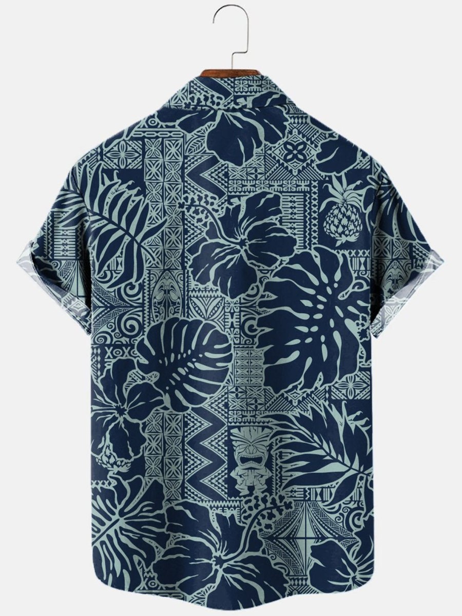 Men HLJ Shirts | Hawaiian Style Hibiscus And Tropical Leaf Short Sleeve Shirt Dark Blue