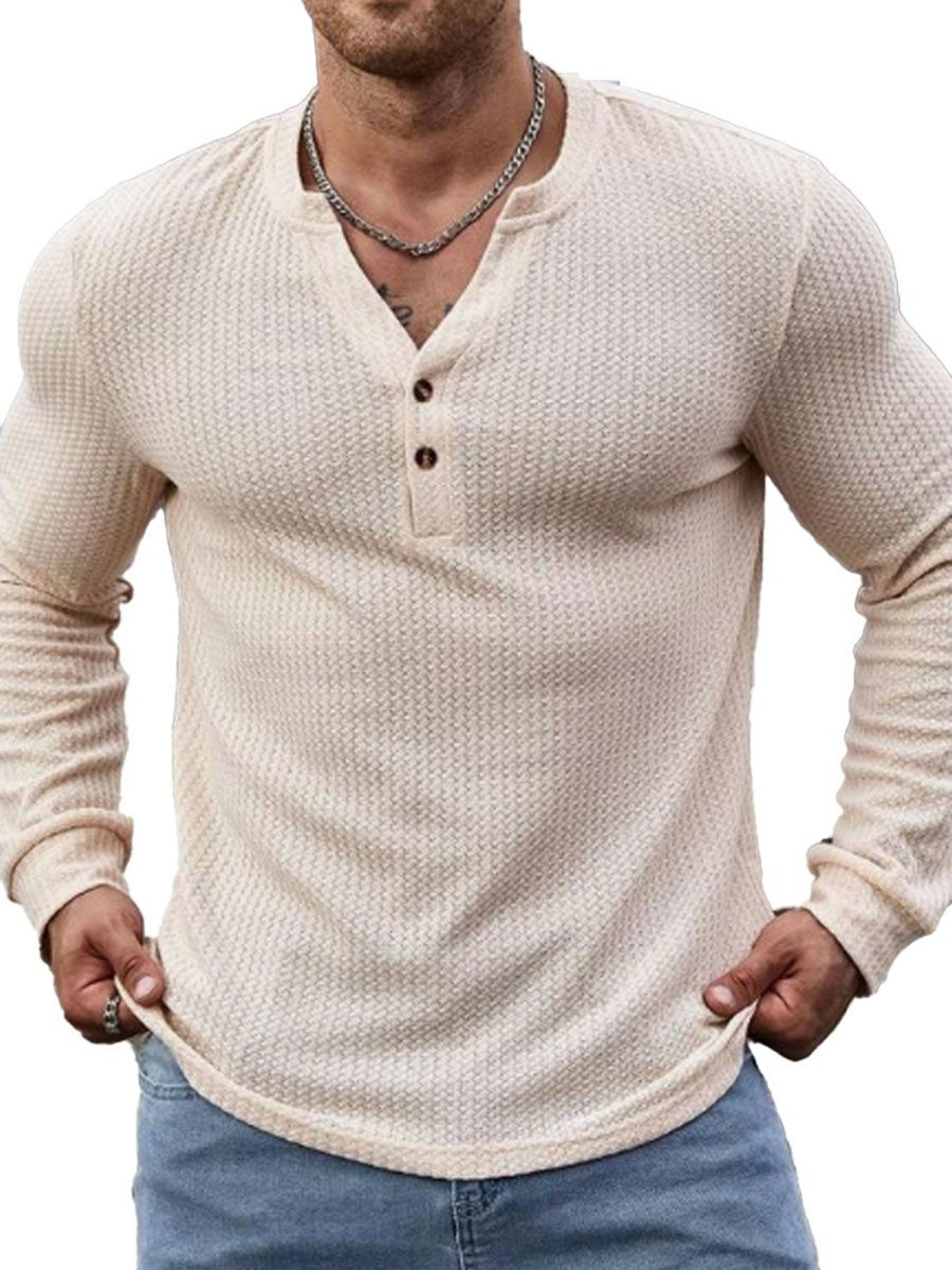 Men DJ Casual Shirts | Solid Color Waffle Casual Long Sleeve T-Shirt Beige