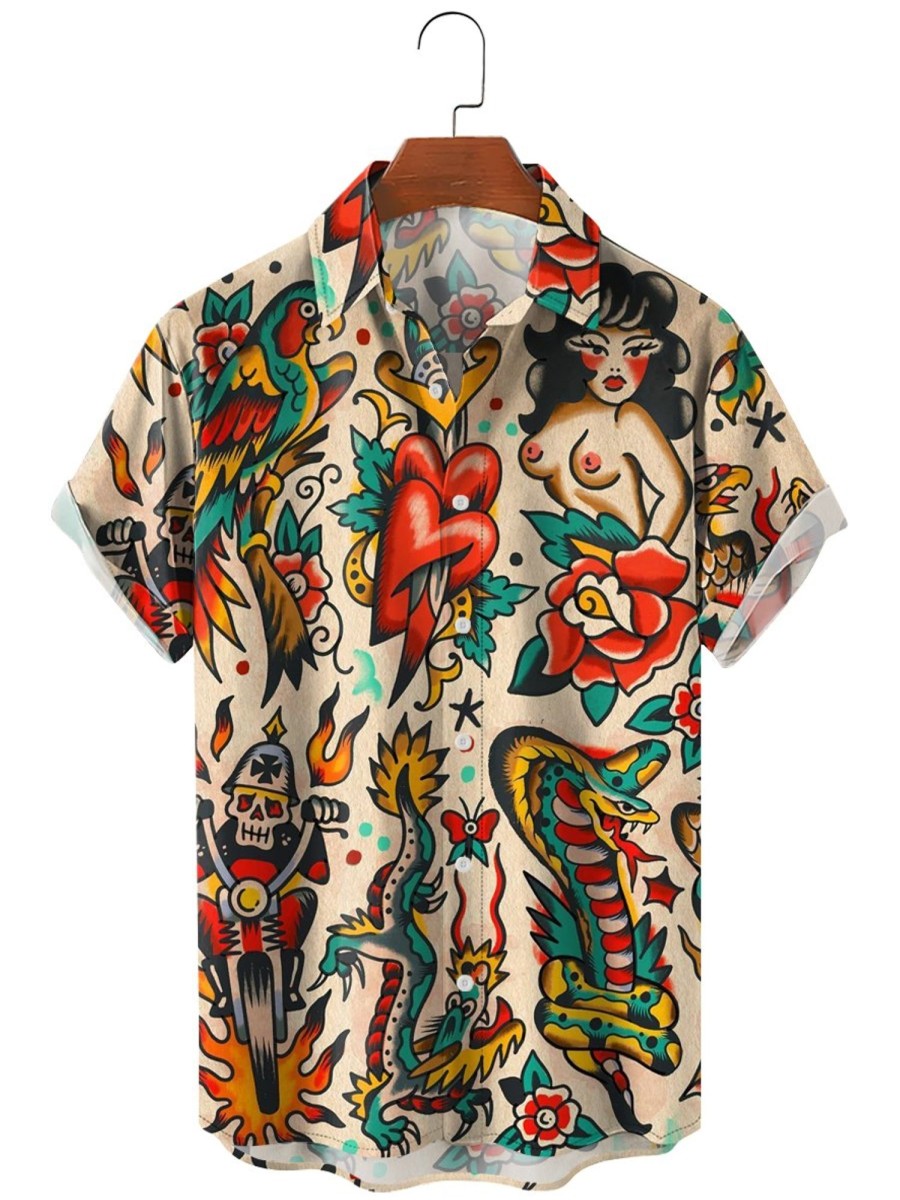 Men HLJ Shirts | Vintage Graphic Print Short Sleeve Shirt Khaki