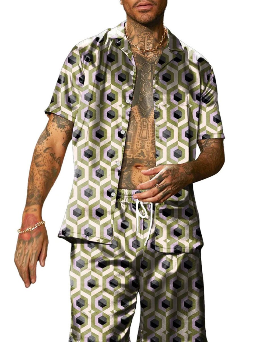 Men BXL Set | Men'S Contrast Print Casual Resort Short Sleeve Suit Photo Color