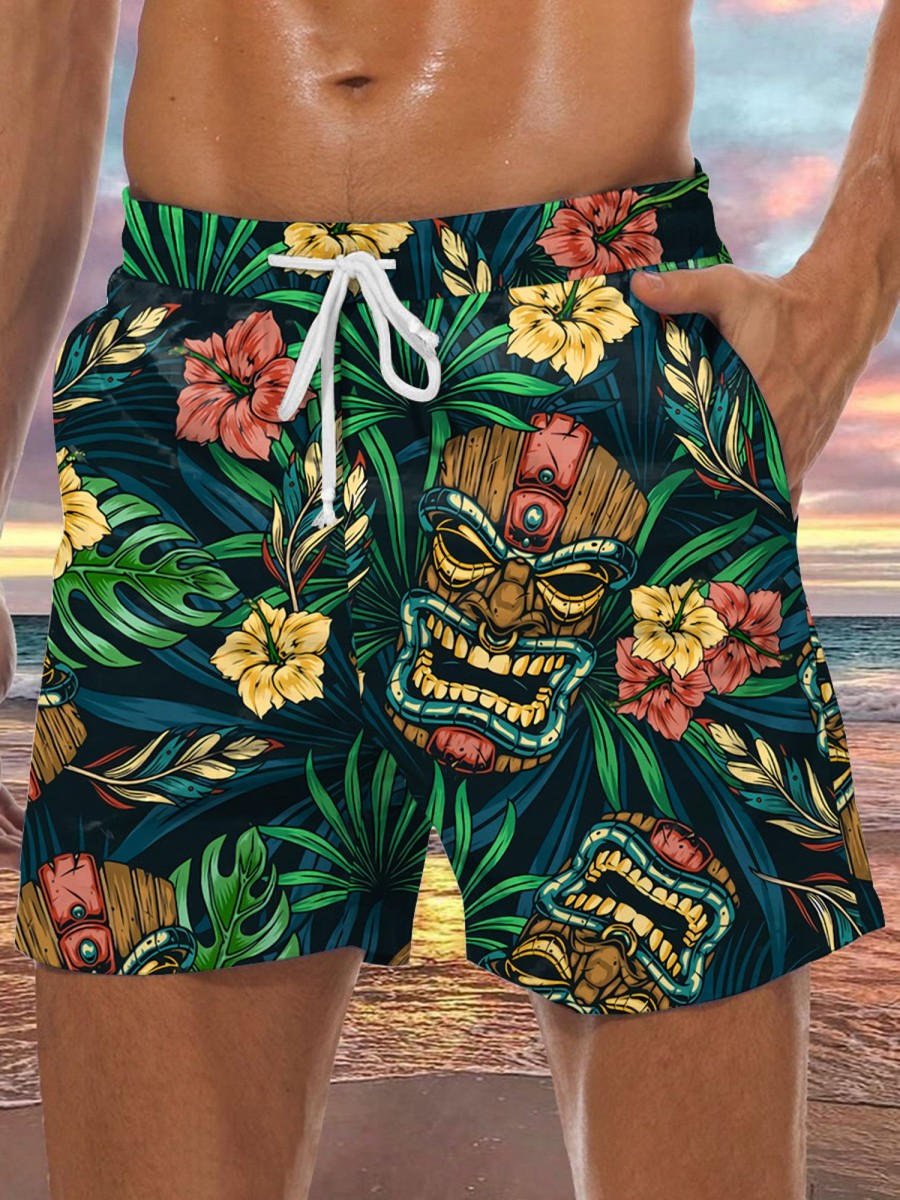 Men HLJ Bottoms | Hawaiian Tropical Tiki Beach Shorts Green