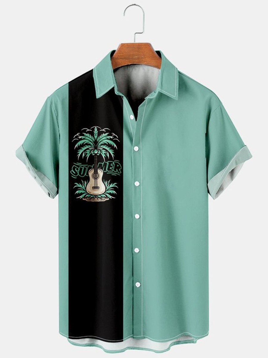 Men HLJ Shirts | Men'S Resort Style Guitar Coconut Short Sleeve Shirt Mint Green