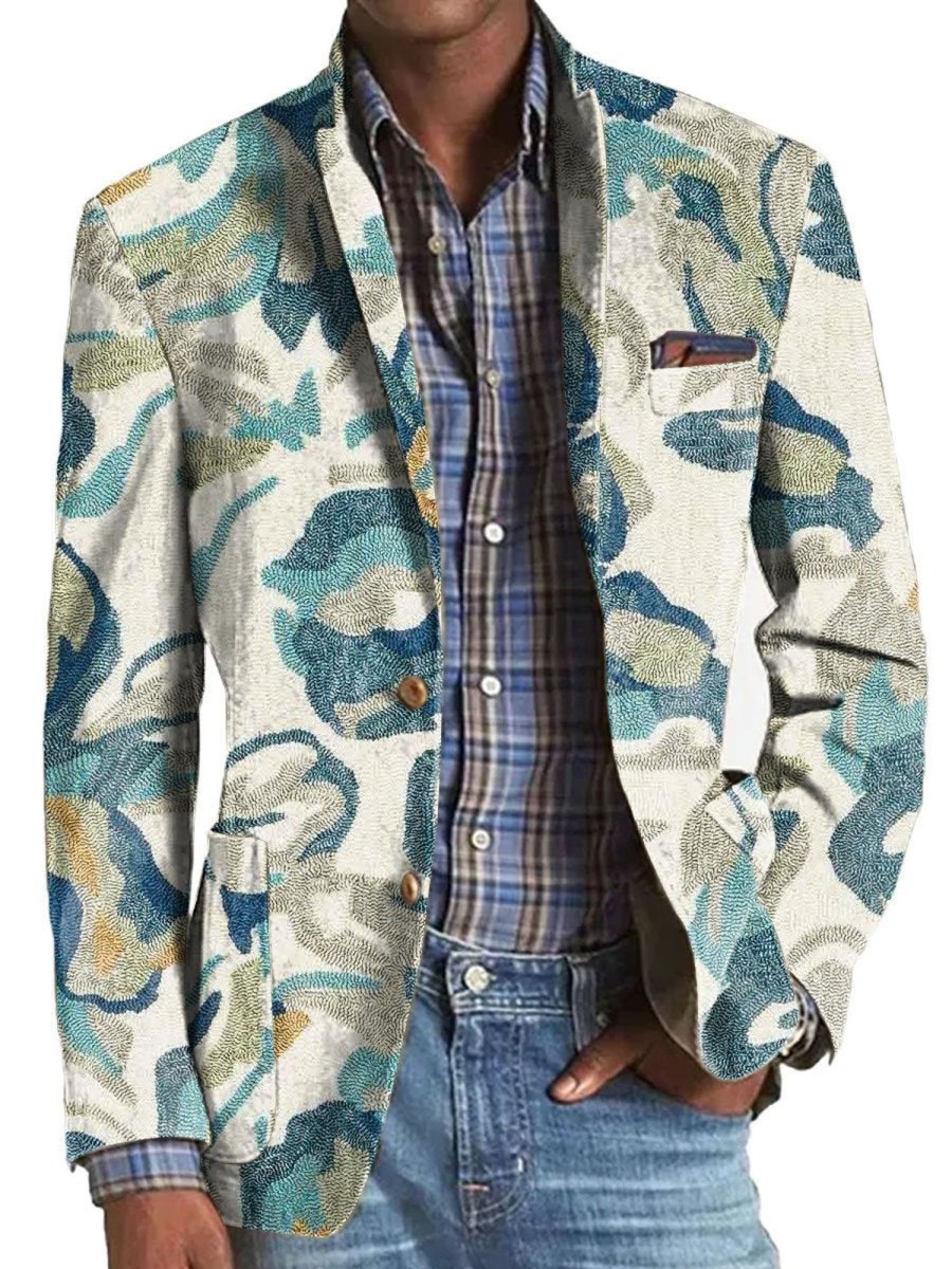 Men TH Print Jacket | Retro Floral Print Casual Three-Pocket Blazer Photo Color