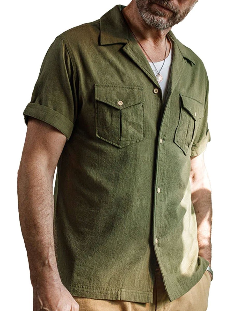 Men BXL Casual Short Sleeve Shirts | Men'S Solid Color Cotton And Linen Pocket Casual Short-Sleeved Shirt Army Green