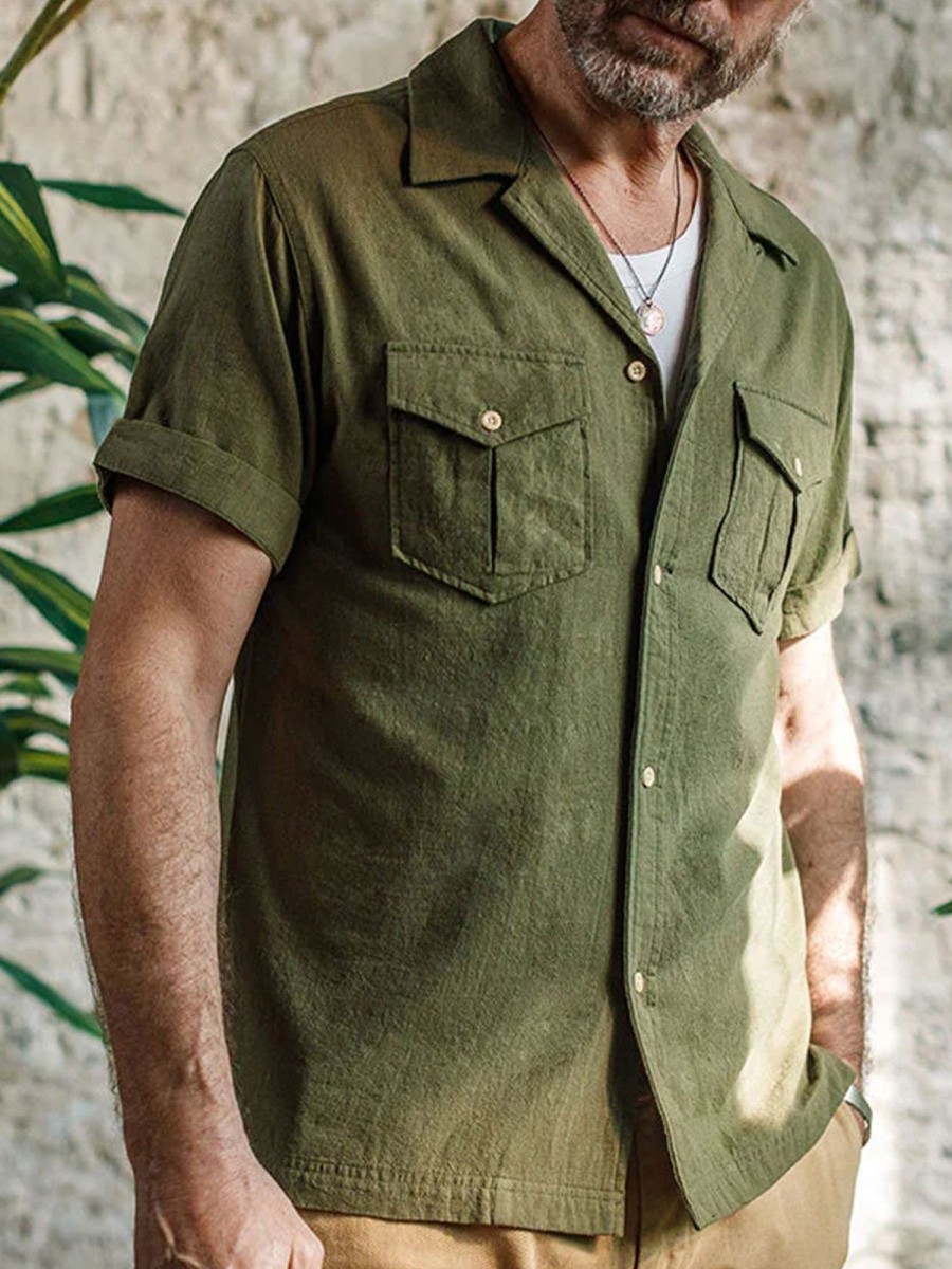 Men BXL Casual Short Sleeve Shirts | Men'S Solid Color Cotton And Linen Pocket Casual Short-Sleeved Shirt Army Green