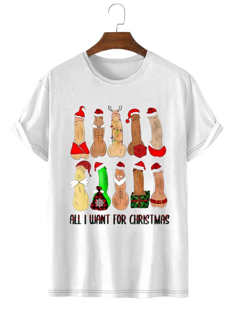 Men DJ T-Shirts | Merry Cockstmas Printed Casual Round Neck Short-Sleeved T-Shirt White