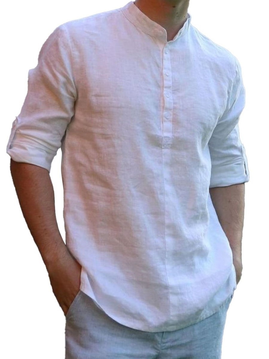 Men DJ Casual Shirts | Solid Color Half Open Collar Casual Long Sleeve Shirt White