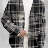 Men DJ Print Cardigan | Retro And White Plaid Printed Casual Knitted Cardigan Black