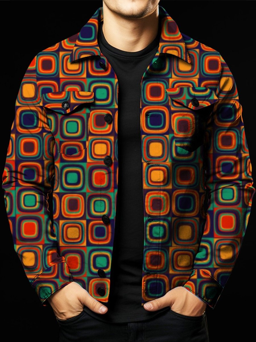 Men GYJ Jacket | Men'S Vintage Geometric Print Double Pocket Single Breasted Jacket Photo Color