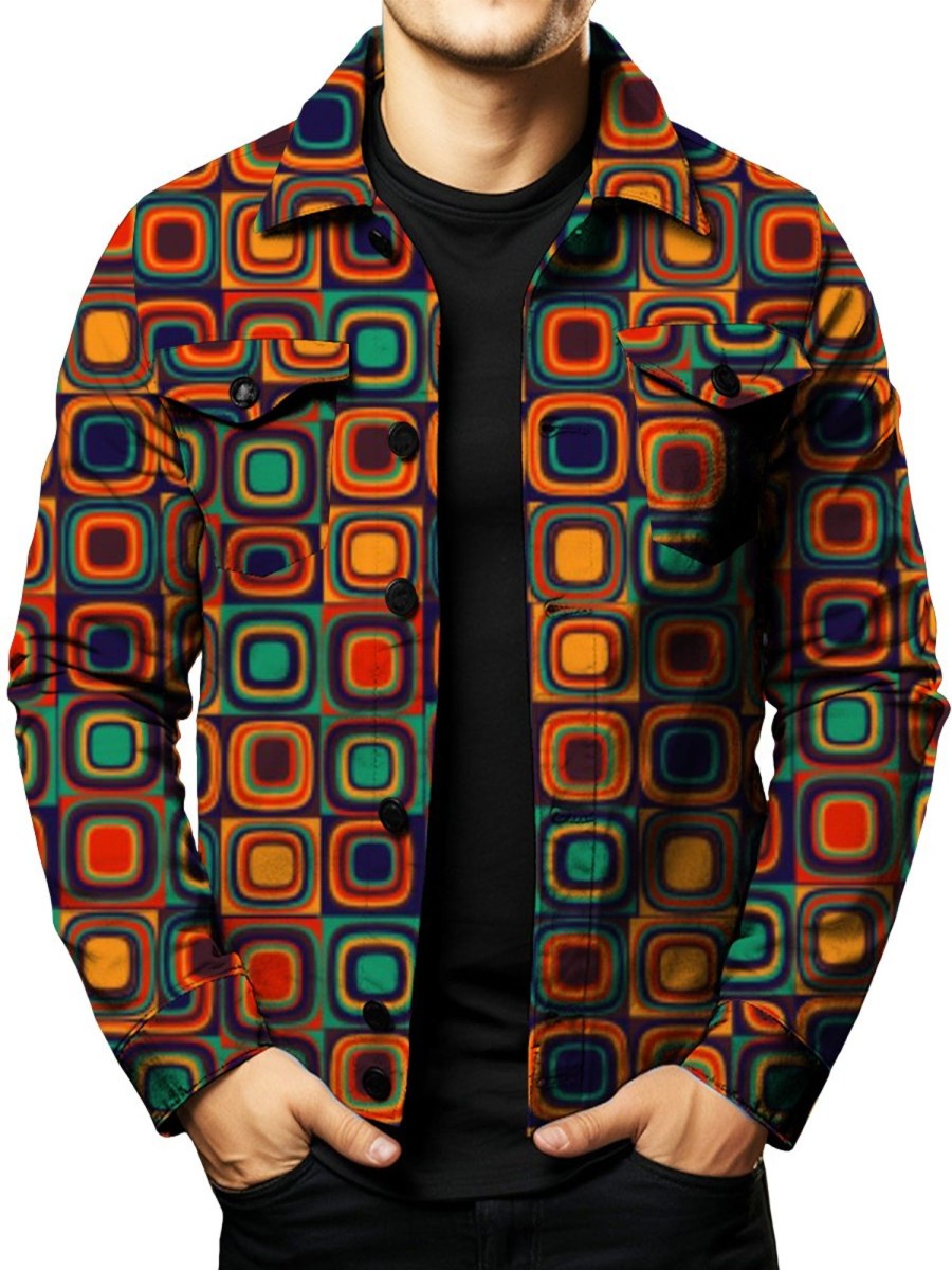 Men GYJ Jacket | Men'S Vintage Geometric Print Double Pocket Single Breasted Jacket Photo Color