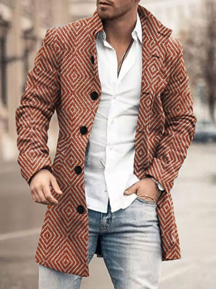 Men BXL Print Jacket | Men'S Retro Geometric Woolen Single-Breasted Casual Coat Red