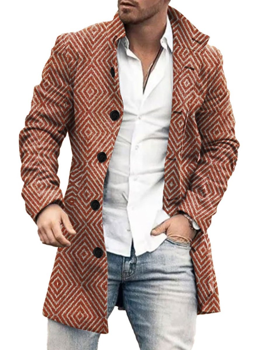 Men BXL Print Jacket | Men'S Retro Geometric Woolen Single-Breasted Casual Coat Red