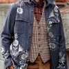 Men DJ Print Jacket | Vintage Printed Corduroy Pocket Lapel Casual Jacket Navy