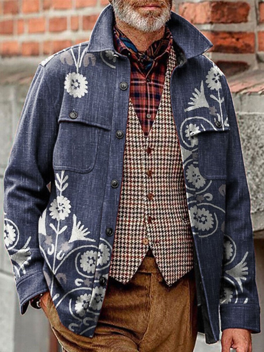 Men DJ Print Jacket | Vintage Printed Corduroy Pocket Lapel Casual Jacket Navy