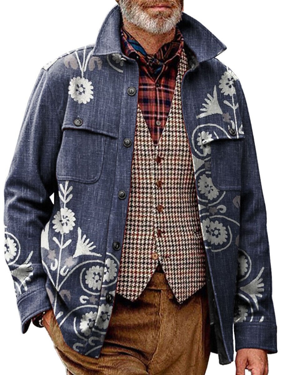 Men DJ Print Jacket | Vintage Printed Corduroy Pocket Lapel Casual Jacket Navy