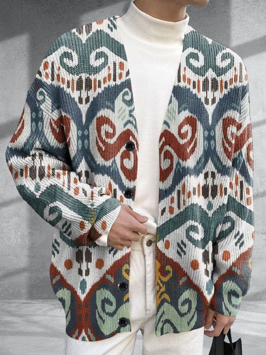 Men BXL Print Cardigan | Men'S Casual Retro Ethnic Single Breasted Sweater Cardigan