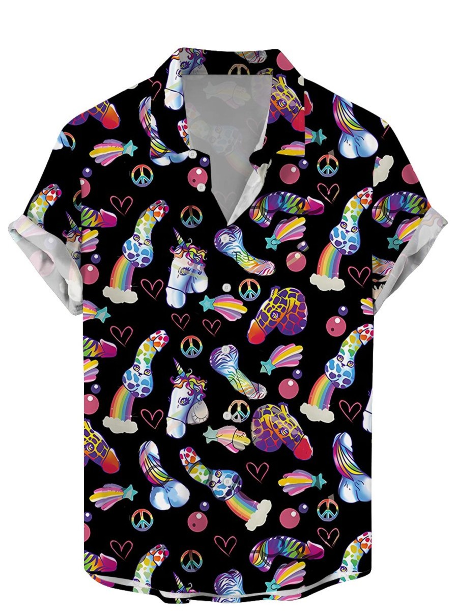 Men LJC Shirts | Rainbow Cocke Print Casual Short-Sleeved Shirt Black