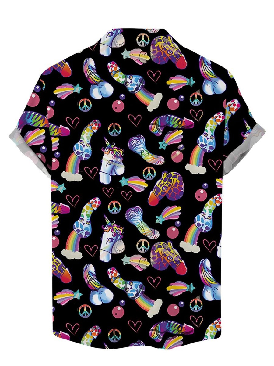 Men LJC Shirts | Rainbow Cocke Print Casual Short-Sleeved Shirt Black