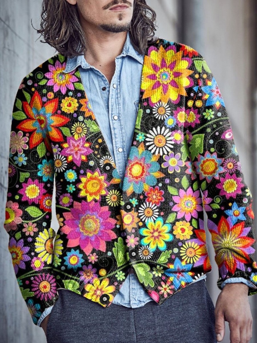 Men DJ Print Cardigan | Vintage Colorful Floral Print Knitted Cardigan Photo Color