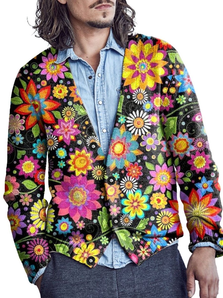 Men DJ Print Cardigan | Vintage Colorful Floral Print Knitted Cardigan Photo Color