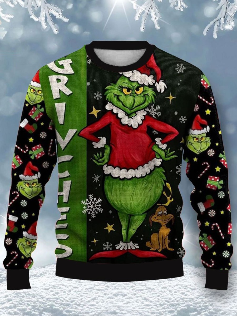 Men BXL Ugly Sweater | Men'S Fun Christmas Green Monster Print Crew Neck Pullover Sweatshirt Photo Color