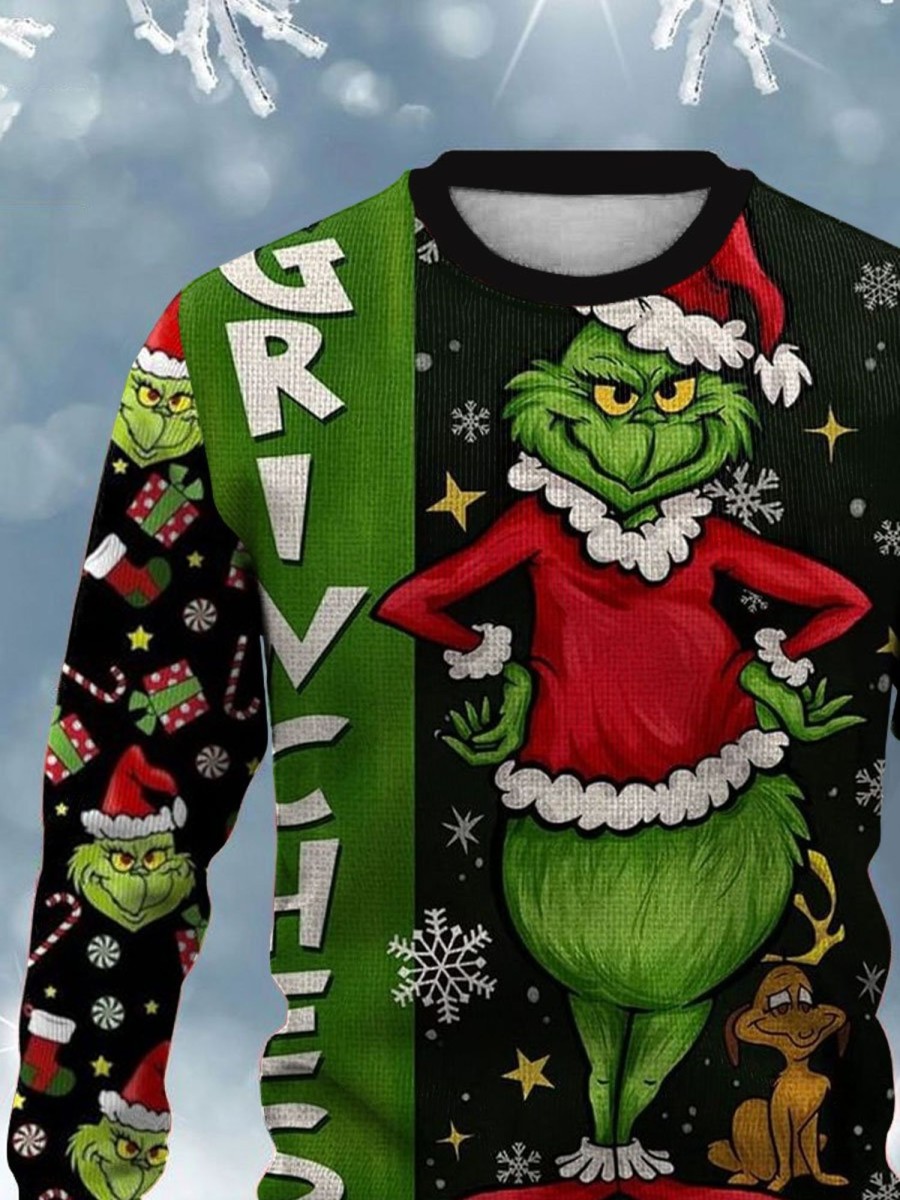 Men BXL Ugly Sweater | Men'S Fun Christmas Green Monster Print Crew Neck Pullover Sweatshirt Photo Color