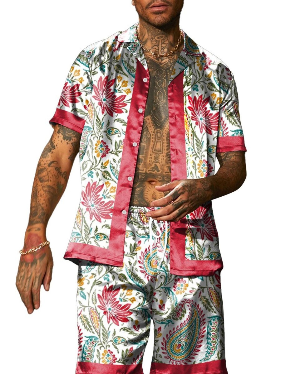 Men DJ Set | Vintage Cashew Flower Print Short-Sleeved Shirt And Shorts Two-Piece Set Photo Color