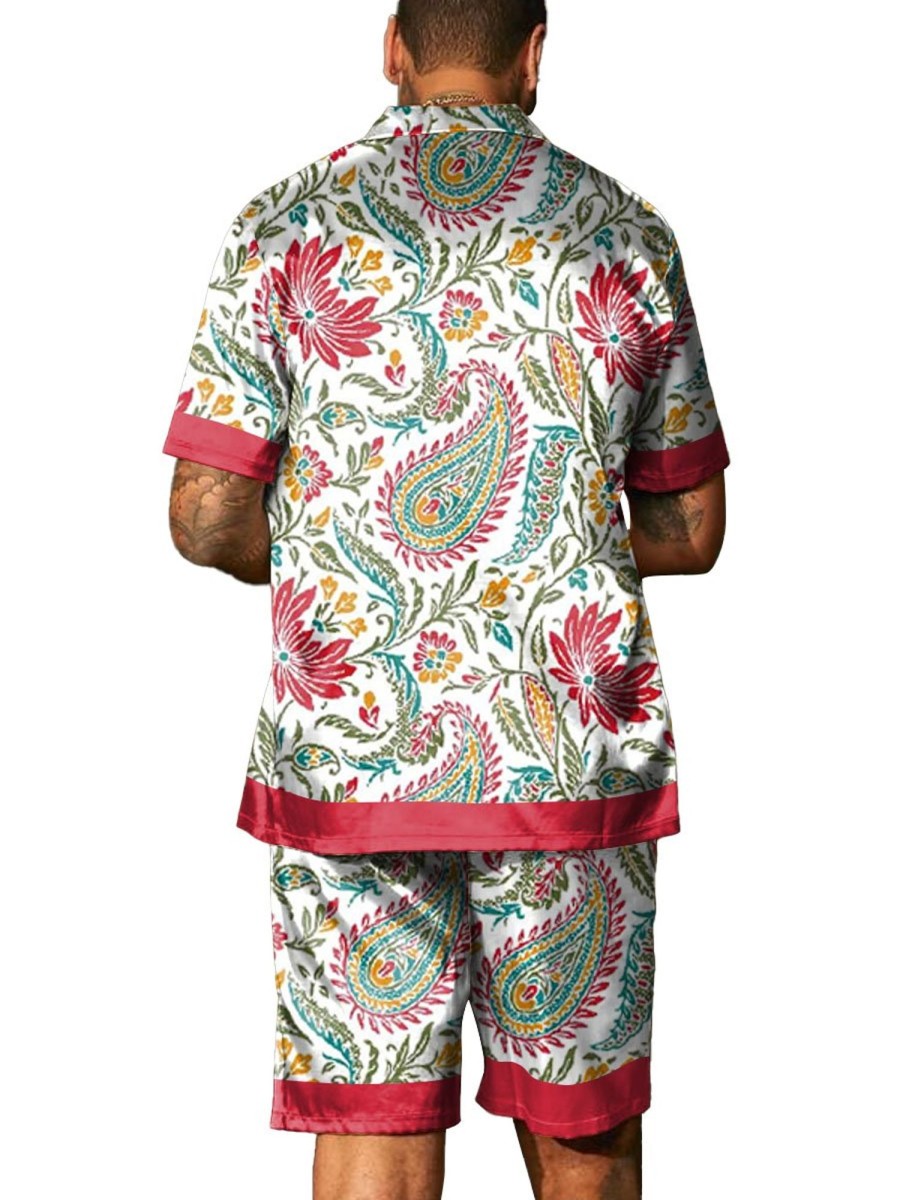 Men DJ Set | Vintage Cashew Flower Print Short-Sleeved Shirt And Shorts Two-Piece Set Photo Color