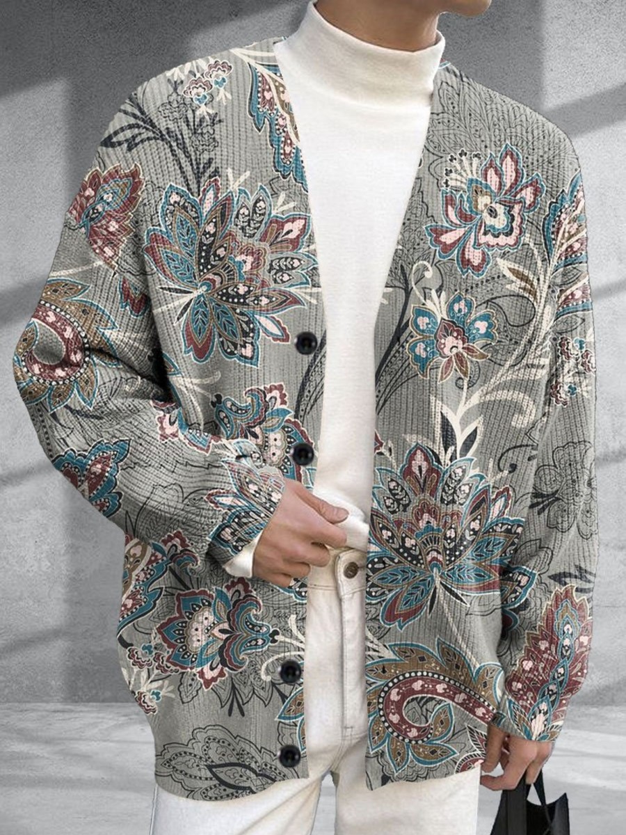 Men BXL Print Cardigan | Men'S Casual Retro Pellis Button Knit Cardigan Gray