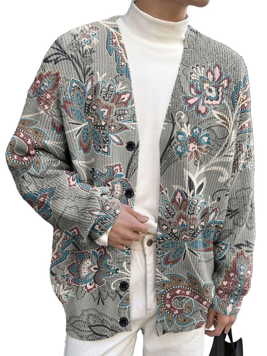 Men BXL Print Cardigan | Men'S Casual Retro Pellis Button Knit Cardigan Gray