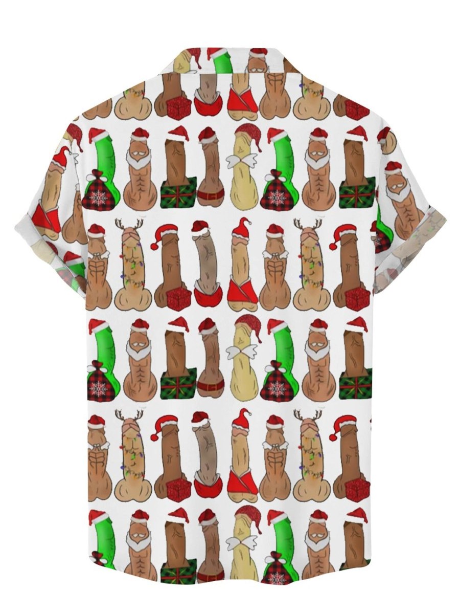 Men DJ Shirts | Christmas Cartoon Cocks Print Casual Short-Sleeved Shirt Photo Color