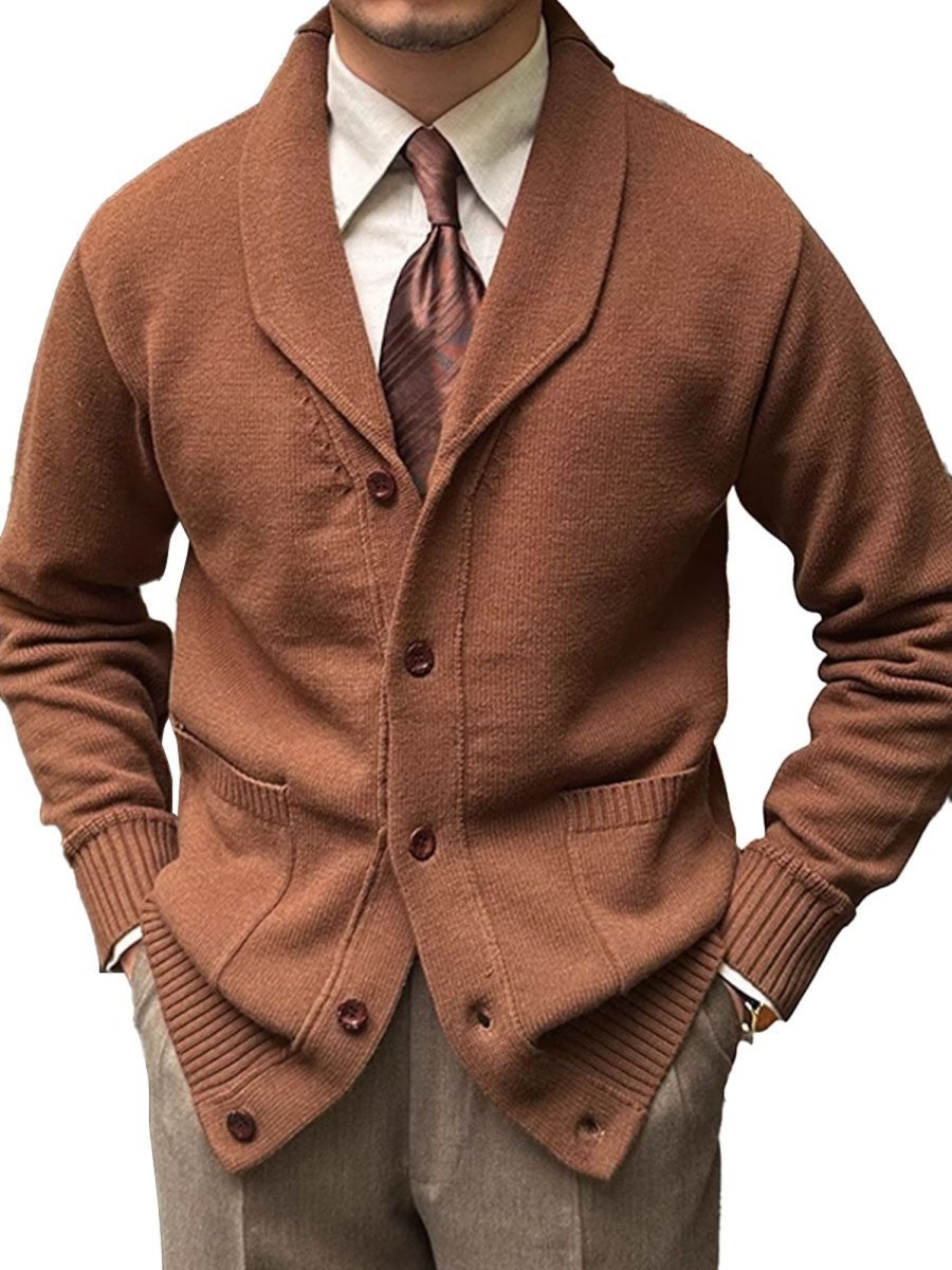 Men DJ Cardigan | Lapel Double Pocket Single Breasted Solid Color Knitted Cardigan Brown