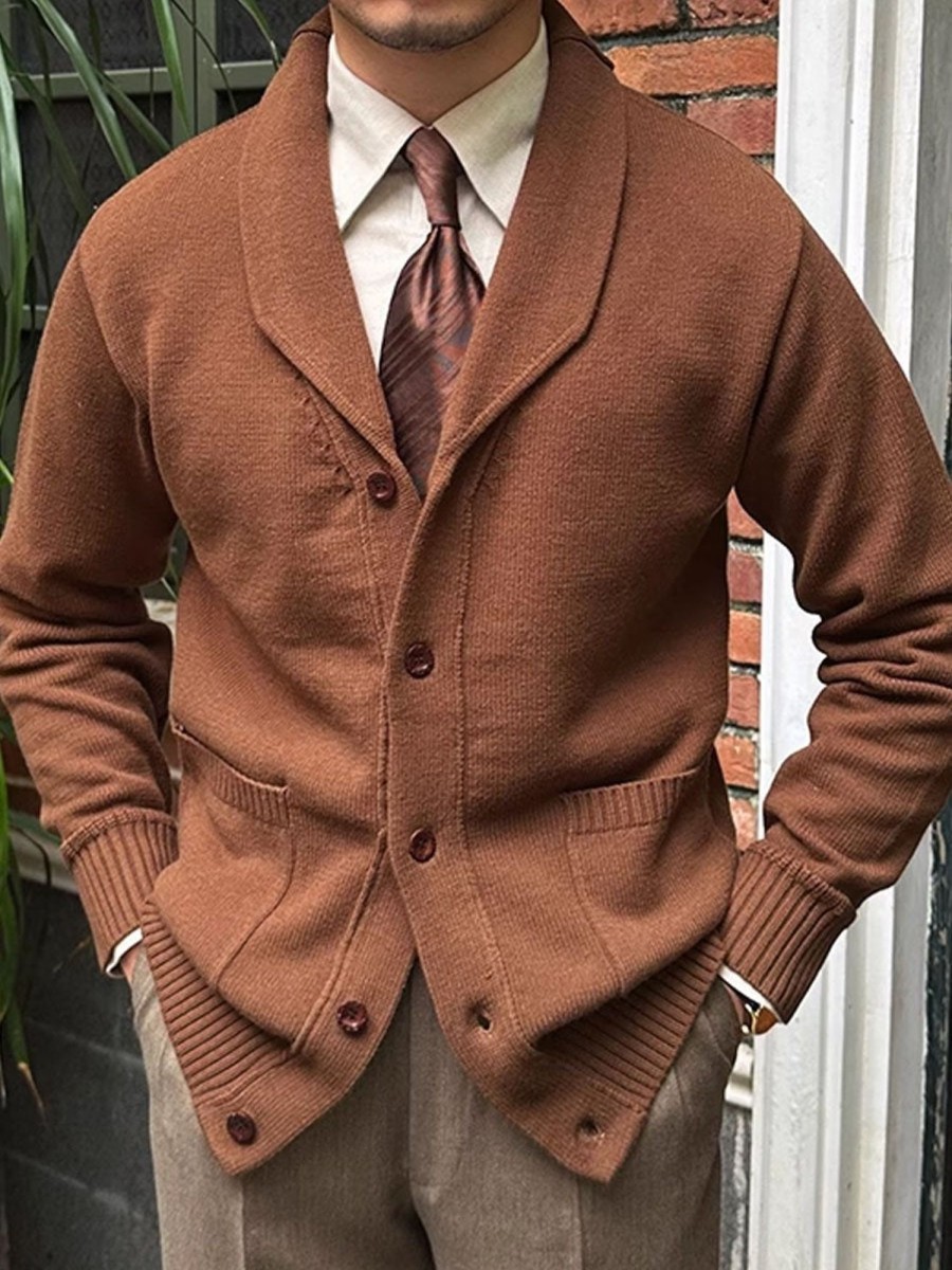 Men DJ Cardigan | Lapel Double Pocket Single Breasted Solid Color Knitted Cardigan Brown